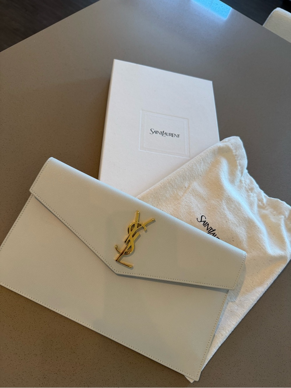 Saint Laurent Cream Leather Envelope Clutch with Gold YSL Accent